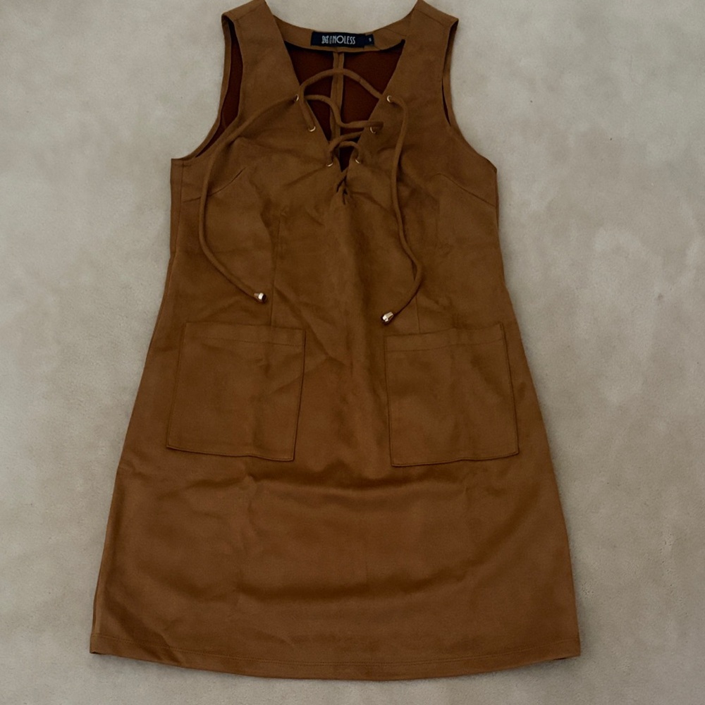 Camel Faux Suede Lace-Up Shift Dress